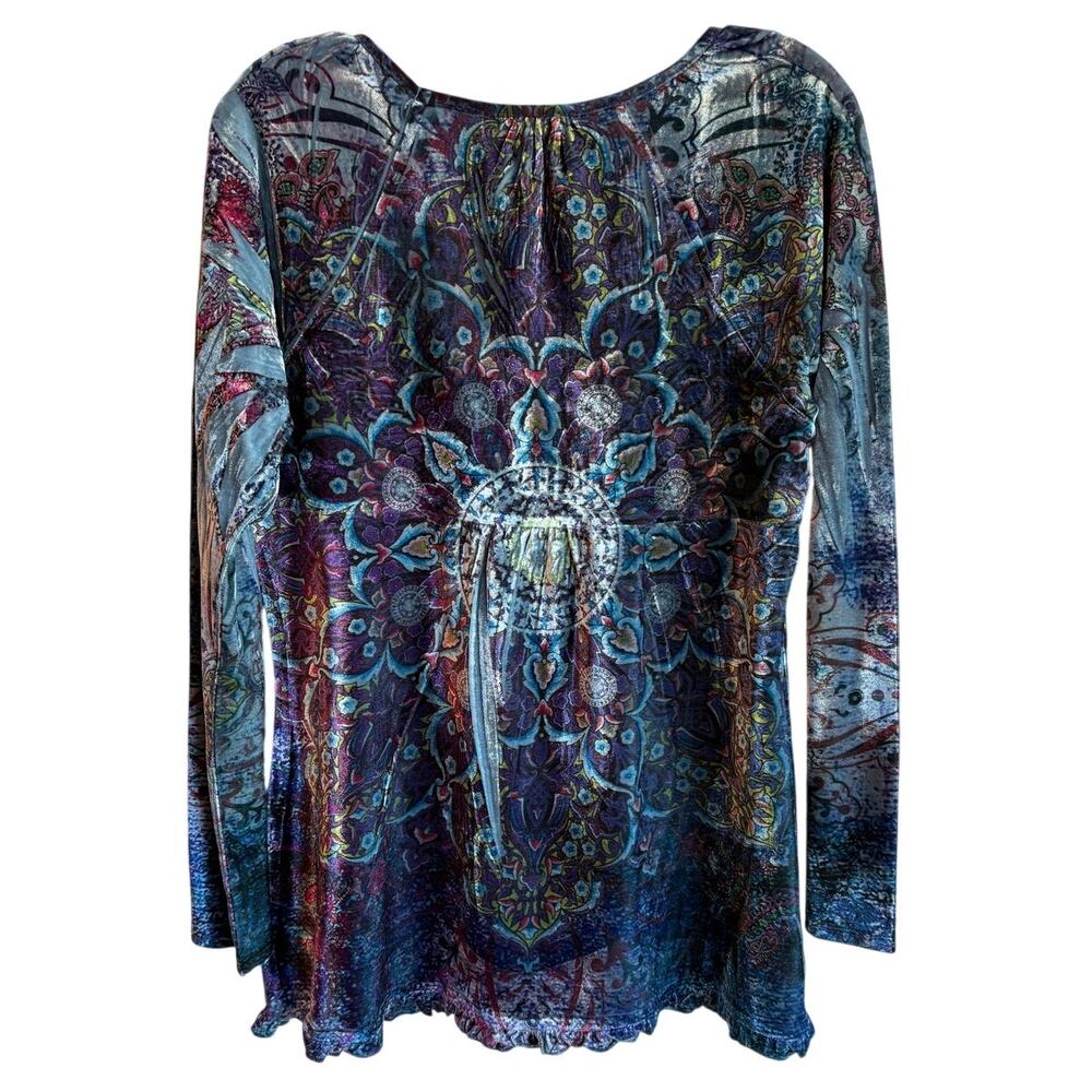 One World Psychedelic Velour V-Neck Top with Ruffles and Smocking Detail size L - Picture 2 of 11